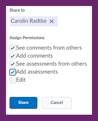 Screenshot of sharing an item, particularly assigning permissions